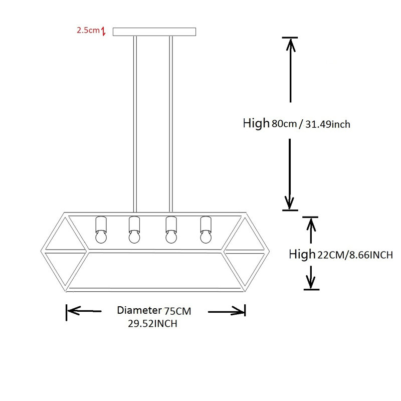 4 - Light Dimmable Kitchen Island Square / Rectangle Chandelier