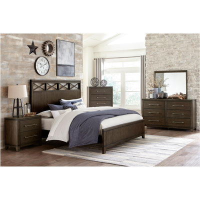 Aleta Dark Brown Acacia Wood Panel Bedroom Set King 3 Piece: Bed, Dresser, Mirror -  Gracie Oaks, E2B2388D3068497CBE29C4197B665031