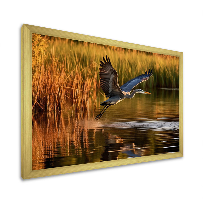 " Heron In Delaware Lakes ", 12" H x 20" W x 1" D, Gold Picture Framed