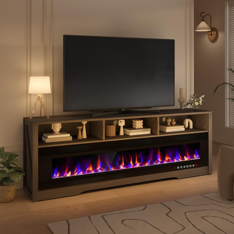 Alazik TV Stand for TVs up to 75" with Fireplace Included, Grey