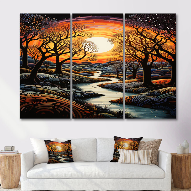 «Enchanted Forest Blue Stream Sunset - River», ensemble d'art mural, Toile tendue, H 40 po x l 60 po x P 1 po