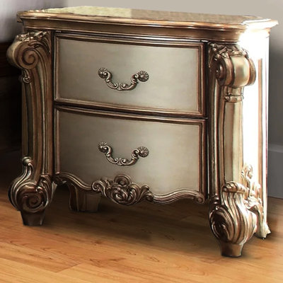 2 Drawer Nightstand In Gold Patina With Solid Wood And Metal Glide Side Drawers Patina, Featuring Elaborate Carvings Pulls