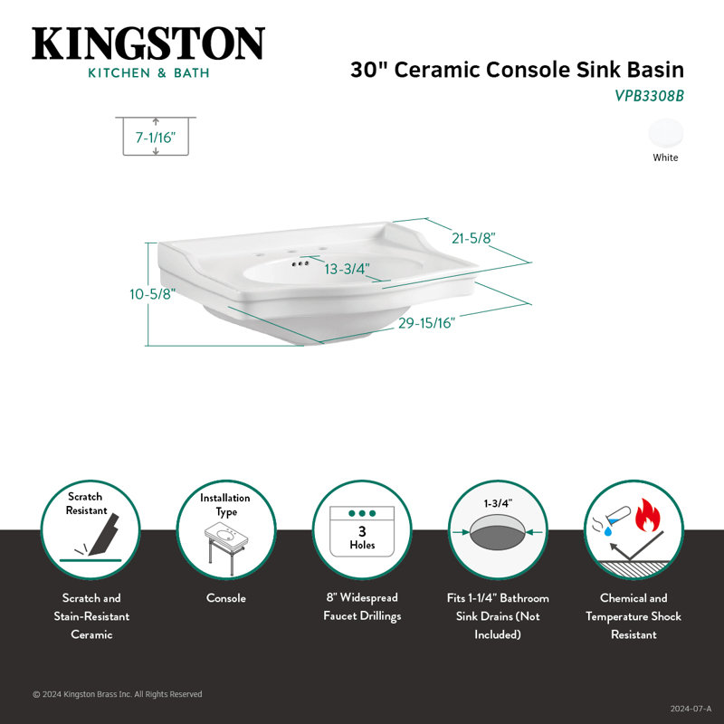 Kingston Brass Victorian 30-Inch Ceramic Console Sink Basin