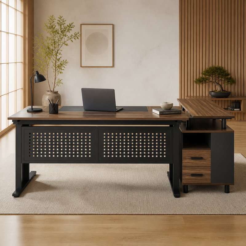 Bureau industriel en L avec structure en métal, Brun