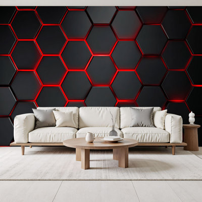 Peel and Stick Wallpaper grey red hexagons modern render Wall Murals 100"H x 144"W Removable PVC Wall Paper Self-Adhesive Wall Paintings Art Decor for Kids Bedroom Living Room Nursery Office