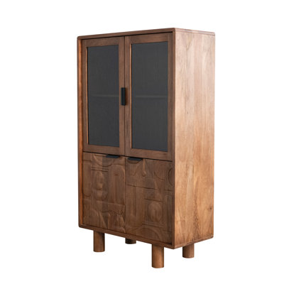 Carved Mango And Acacia Wood Cabinet With Glass Top Doors