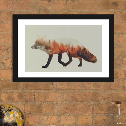 « fox i », art textuel, H 24 po x l 32 po x P 1 po, Papier encadré noir