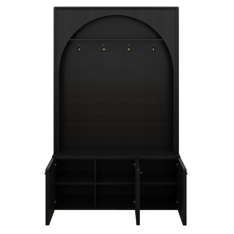 Farmhouse Hall Tree With Golden Hooks & Bench, Entryway Organizer With Adjustable Shelves, Shoe Storage, Anti-Tip, Black