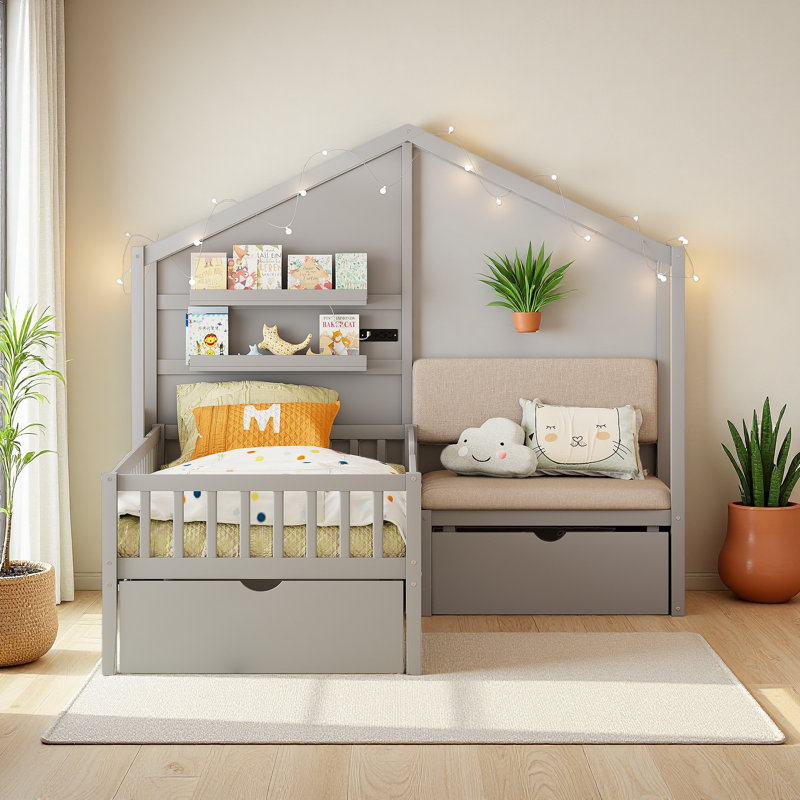 Lit simple avec canapé-lit, lit maison avec station de charge, recharge sans fil, tablettes et deux tiroirs, Gris