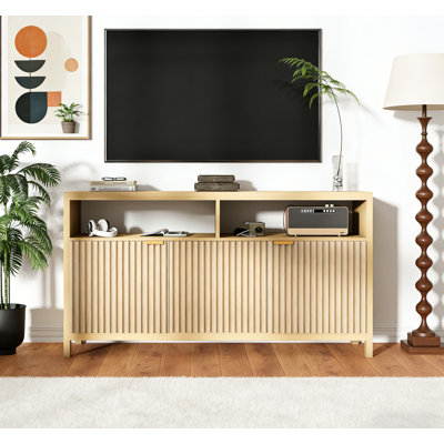 Meuble télé cannelé pour téléviseur de 65 pouces, meuble audio-vidéo moderne Mid-Century avec rangement, console haute en bois mince pour le salon / la chambre à coucher / appartement