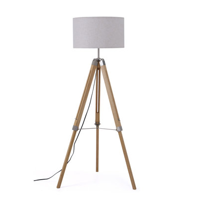 58" Natural Tripod 1-Light Floor Lamp with Solid Wood Body and Cream Linen Drum Shade, Foot Switch for Living Room & Office
