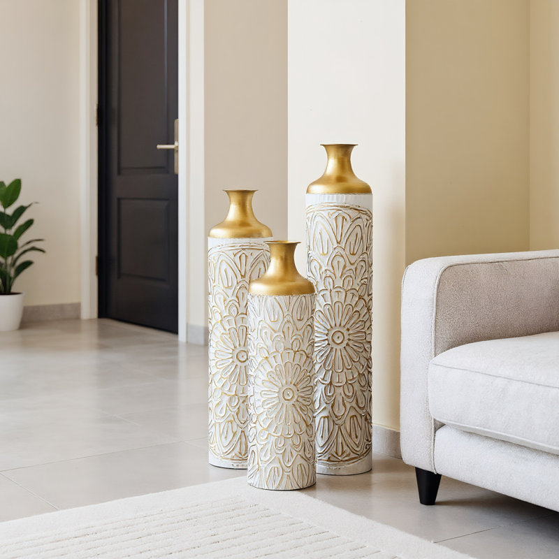 Vase de plancher en métal de style moderne, décoration de maison en forme de gouttelette, ensemble de 3 vases en métal blanc