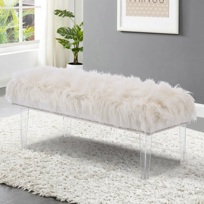 46 Inch Bedroom Bench, Faux Fur Upholstered Bed End Bench, Tufting Ottoman Bench Indoor Bench With Acrylic Legs For Living Room Bedroom Entryway by Mercer41