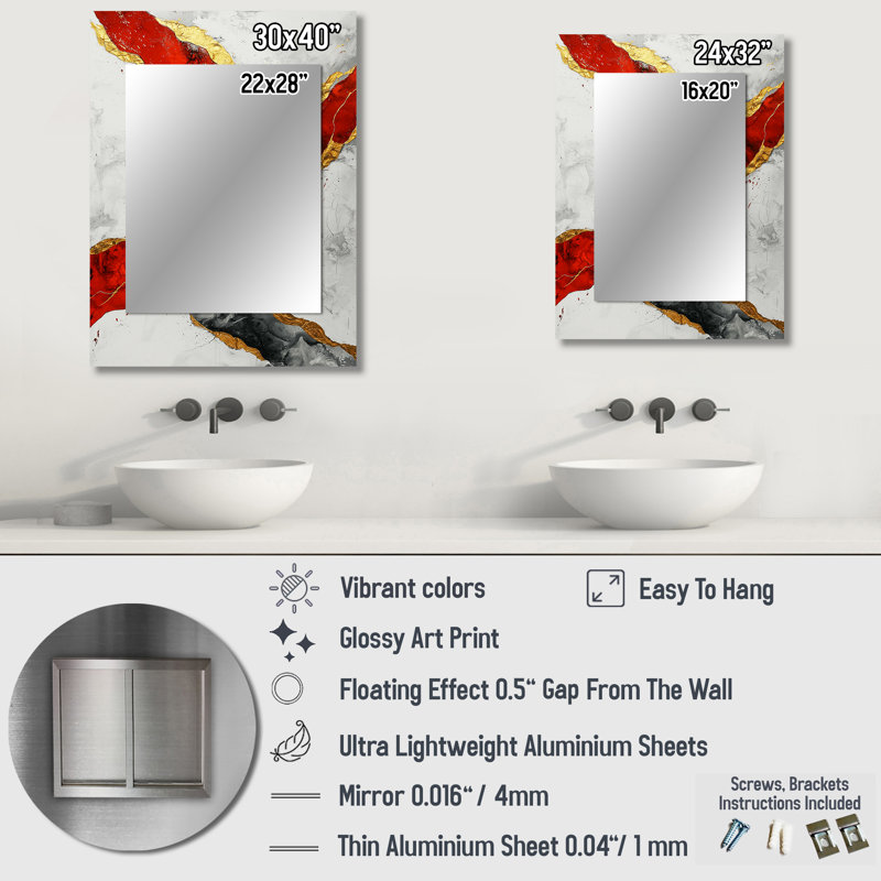 Fractal Volcano And Stone Energy III - Fractals Unique Mirror, Red Large Wall Mirror, Printed Metal Art, 40" x 30"