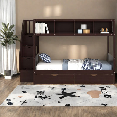 Lits avec rangement, lit simple en bois sur lit double, espresso moderne pour la maison