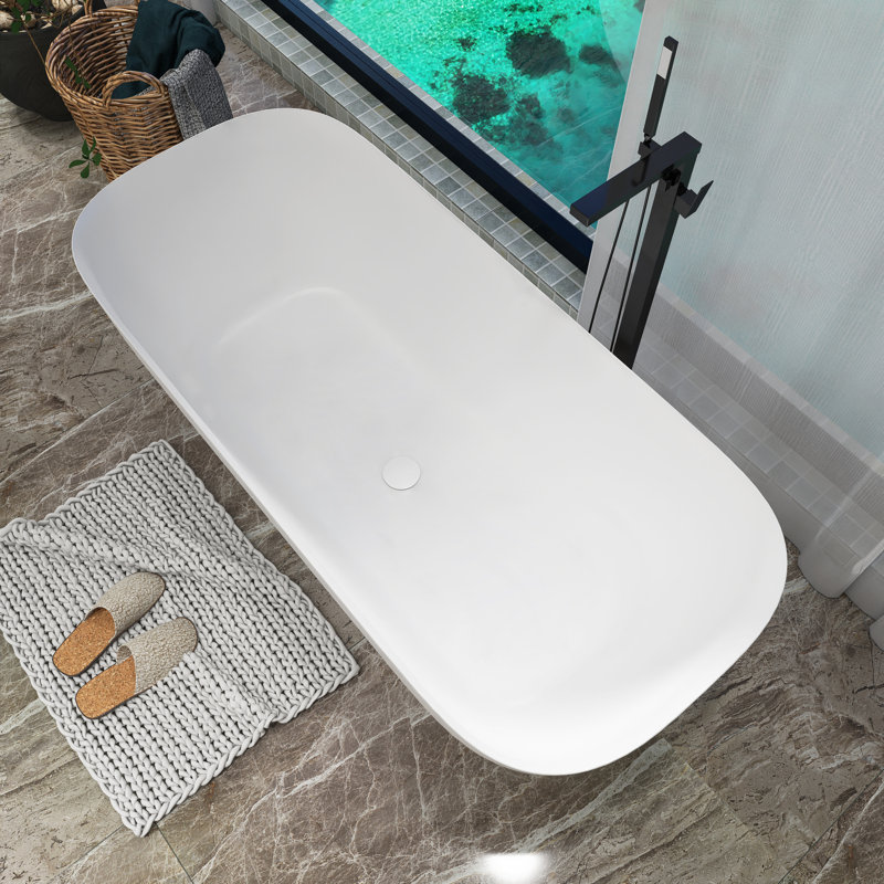 65" Matte White Stone Resin Freestanding Soaking Bathtub
