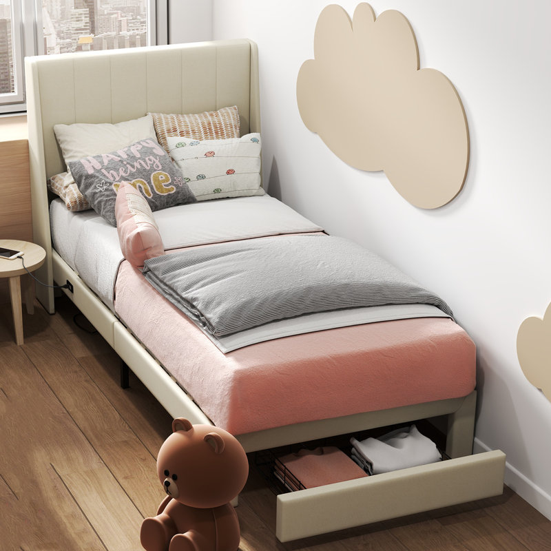 Structure de lit rembourrée avec tiroirs de rangement et port USB Type-C pour chambres d'adolescent, Beige, Lit simple