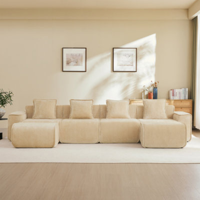 Modular 4 Seat U Shape Sectional Boneless Sofa With French Edge Piping, No Assembly Required,4-Seat Sofa Couch With Throw Pillows And 2 Movable Ottomans, Velvet Fabric