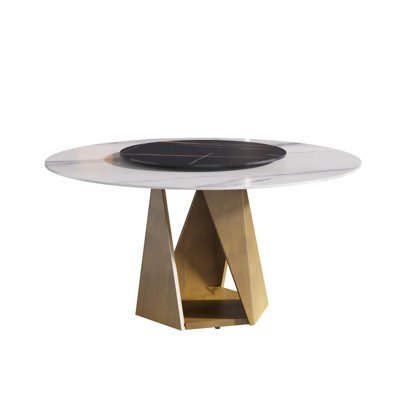 Table de salle à manger moderne 60,73 po, terrasse en pierre frittée et support en métal bronze, 6 à 8 personnes, base à disque rotatif noir 31,5 po, plaque