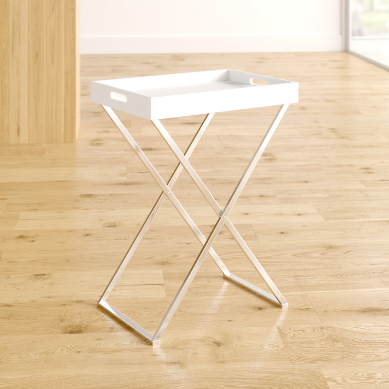 Kline Tray Top Cross Legs End Table, White, Silver