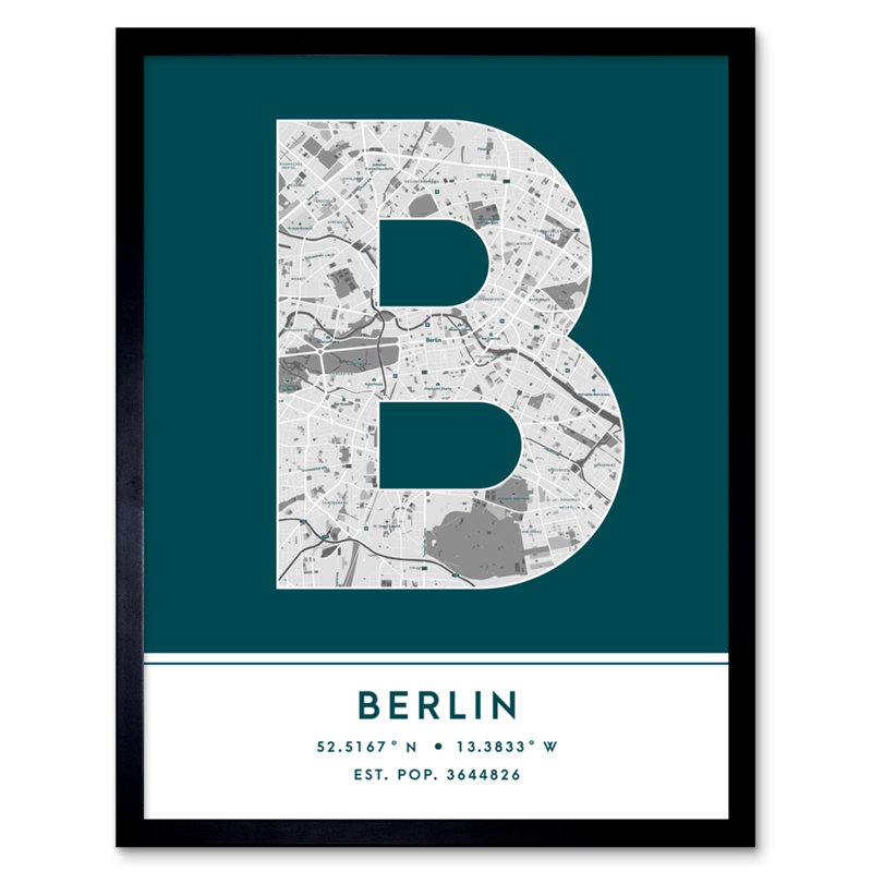Berlin City Map Berlin Teal by Wee Blue Coo - Single Picture Frame Typography