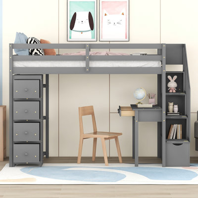 Lit mezzanine simple avec tiroirs de rangement, bureau et escalier, lit mezzanine en bois avec tablettes