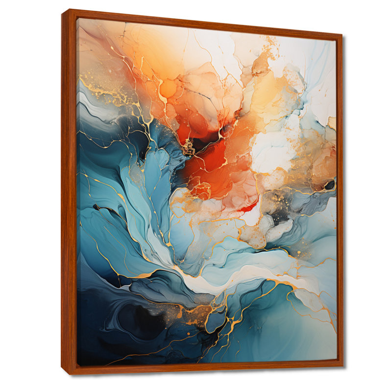 Teal Orange Bold Abstract Flow Collage II - Dams, impressions encadrées, H 40 po x l 30 po, Reproduction avec cadre flottant