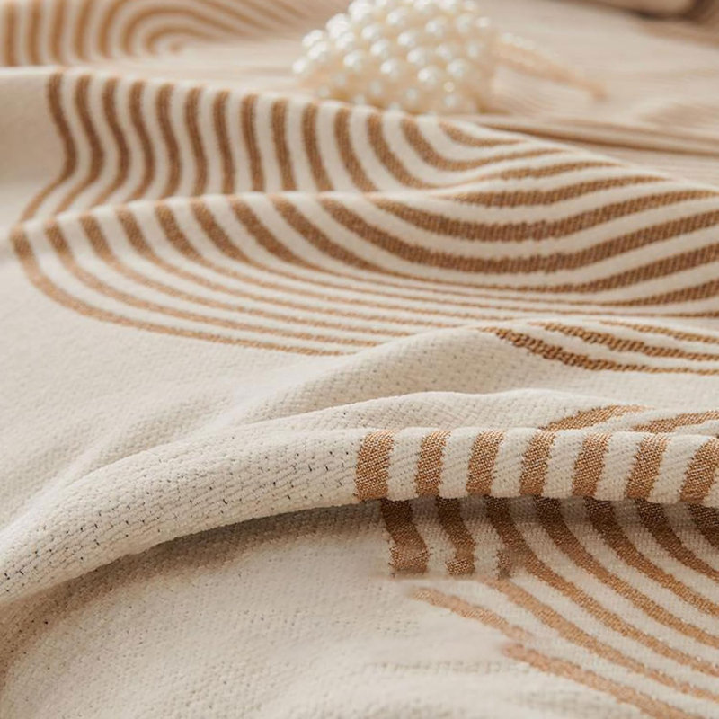 Chenille Sofa Cover Blanket Couch Cover Multifunctional Sofa Protectortowel Geometric Line Pattern Non-slipwith Tassel, Beige