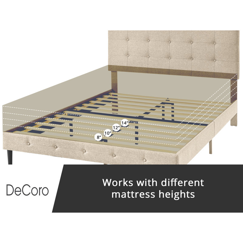 DeCoro Cambridge Upholstered Wooden Platform Bed Frame, Linen, Queen