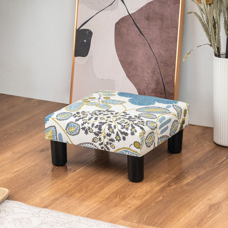 15.7'' Wide Square Footstool Upholstered Ottoman, Blue/White/Yellow