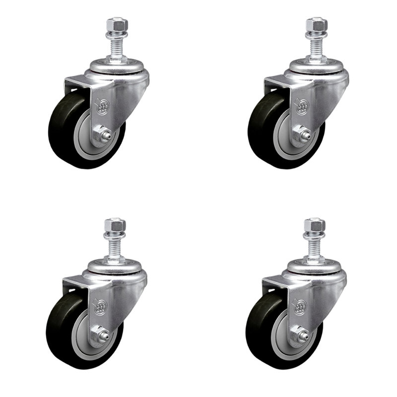 Ensemble de roulettes à tige filetée 3,5 pouces en polyuréthane pivotant de 3,5 pouces SCC, Noir