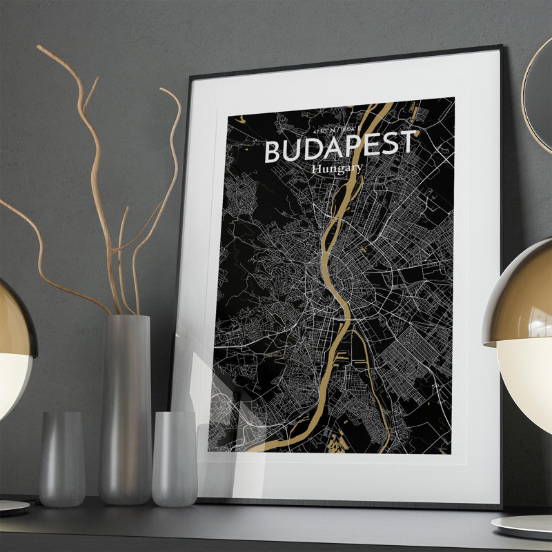 Carte de la ville de Budapest, impression, Luxe, H 36 po x l 24 po x P 0,05 po