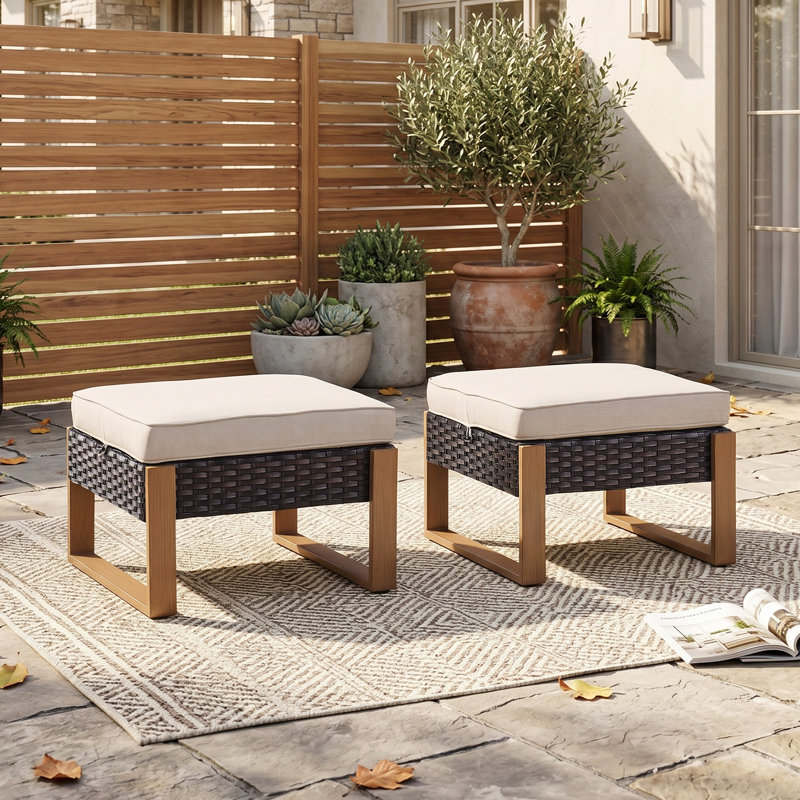 Allcot Polyethylene (PE) Wicker Outdoor Ottoman, Brown, Beige