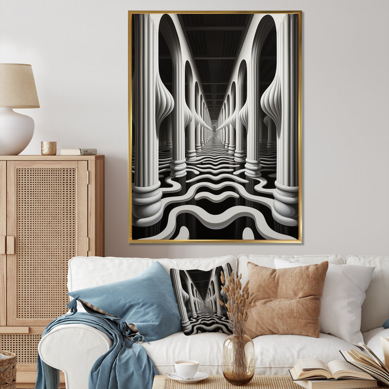 Impression d'art sur toile noir et blanc optique Dream II, Cadre flottant doré, H 32 po x l 24 po x P 1 po