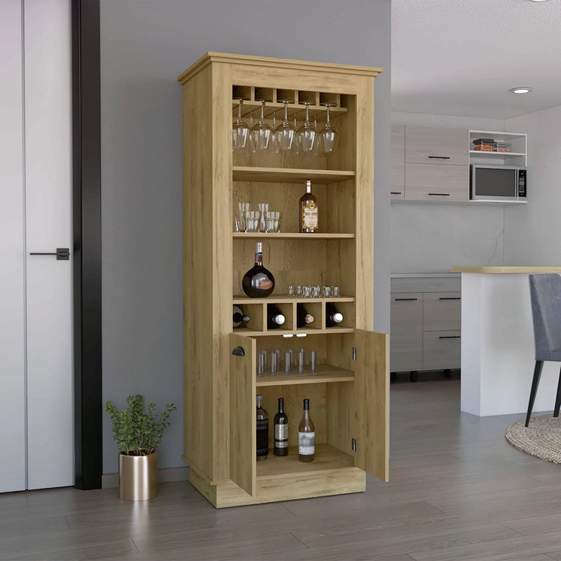 Bar avec support pour 4 bouteilles, porte-verre supérieur et porte double, Beige