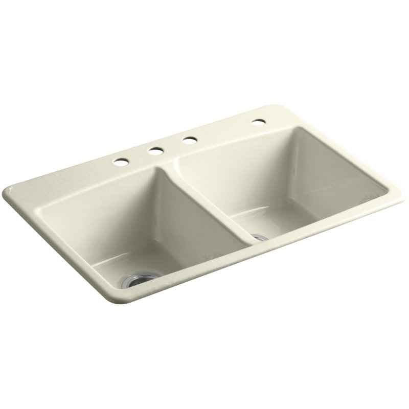 33" L x 22" W x 9-5/8" Top-Mount Double-Equal Kitchen Sink, Cane Sugar, 4 Hole