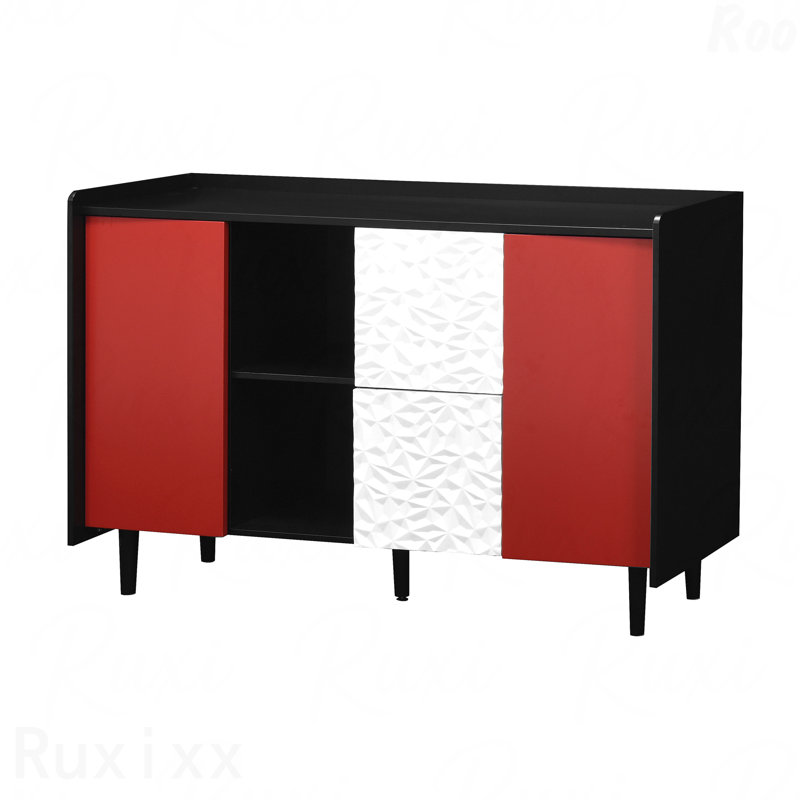 Buffet noir avec portes rouges - 2 tiroirs, style de panneau unique, 2 compartiments de rangement ouverts, armoire d'appoint moderne avec bar à café