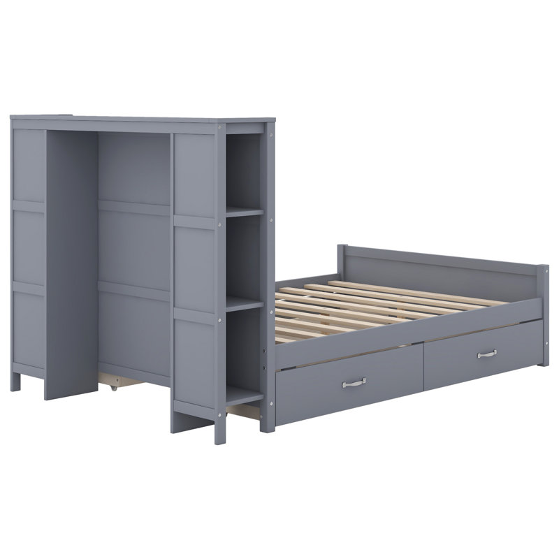 Lit plateforme avec tiroirs et tablettes de rangement, Gris