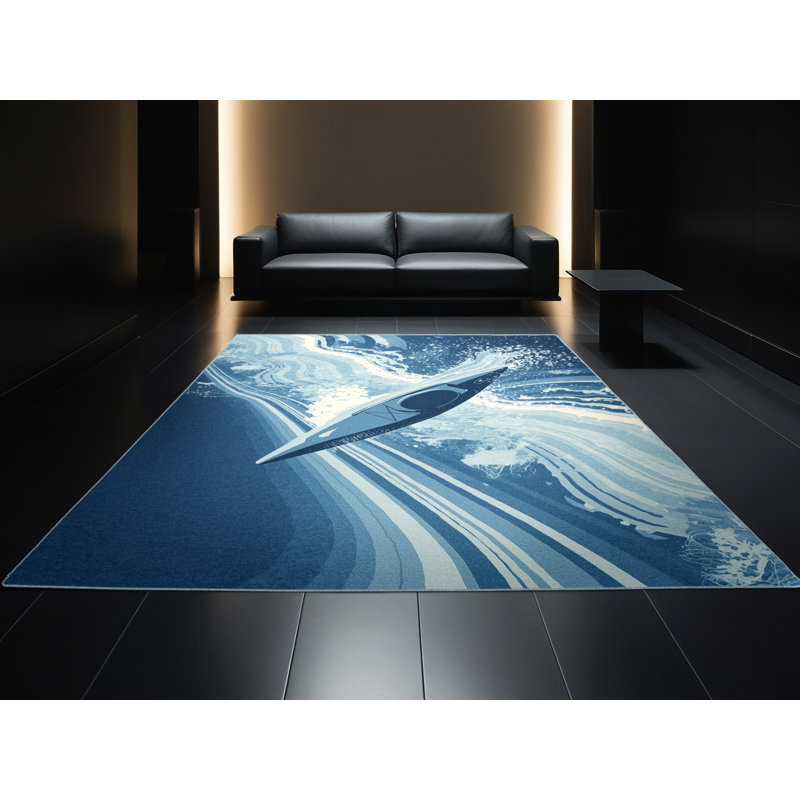 Machine Washable Hubbard Kayak Whitewater Bold & Eclectic Modern Arc Rug in Blue – SkyBlue Binding, 3x5