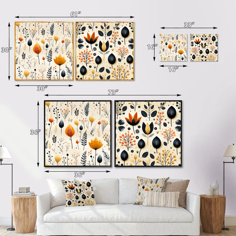 Nordique ivoire et charme floral beige - ensemble de collage abstrait botanique carré de 2, Toile tendue, H 16 po x l 33 po