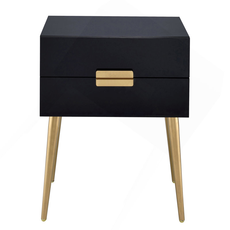 Table d'appoint noire et dorée avec 2 tiroirs, Noir