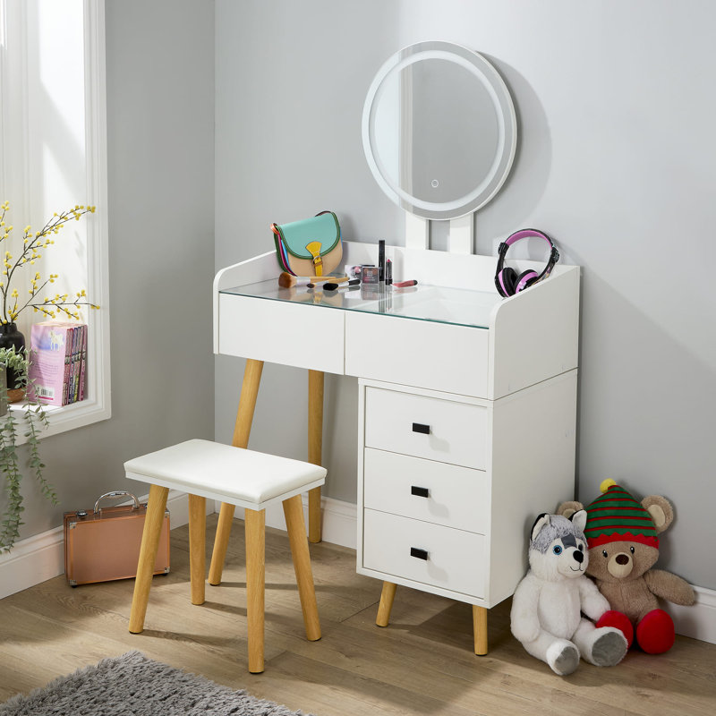 4 Drawer LED Mirror White Dressing Table & Stool Set