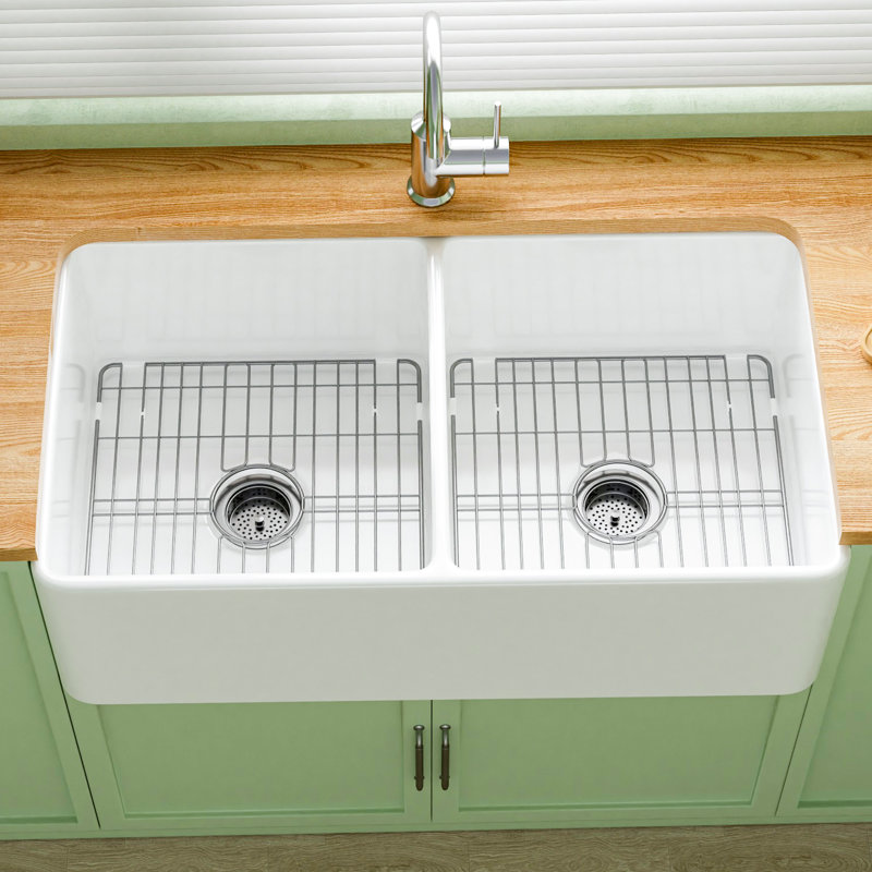 Bafv Apron Front Kitchen Sink 33" L x 18" W Double Bowl Fireclay with Bottom Grid and Basket Strainer, Glossy White