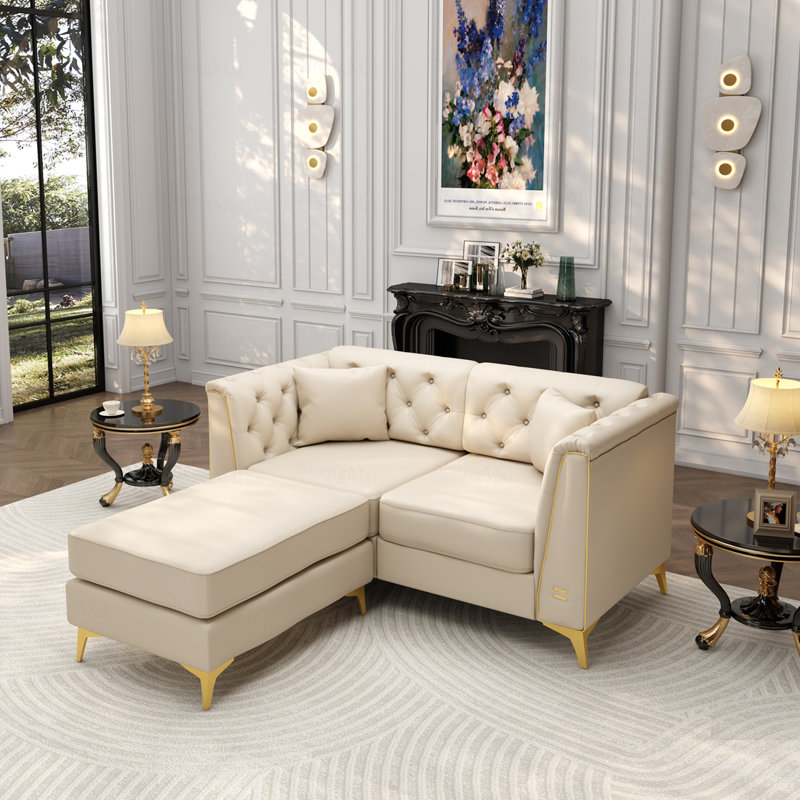 Canapé Chesterfield modulaire 2 places, canapé en similicuir avec capitonnage à boutons fait à la main, accoudoirs garnis de métal et pieds minces en métal, comprend 2 coussins