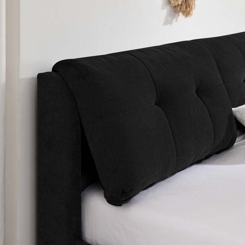 Très grand lit plateforme tapissier hydraulique avec tête de lit intégrée en chenille, Noir