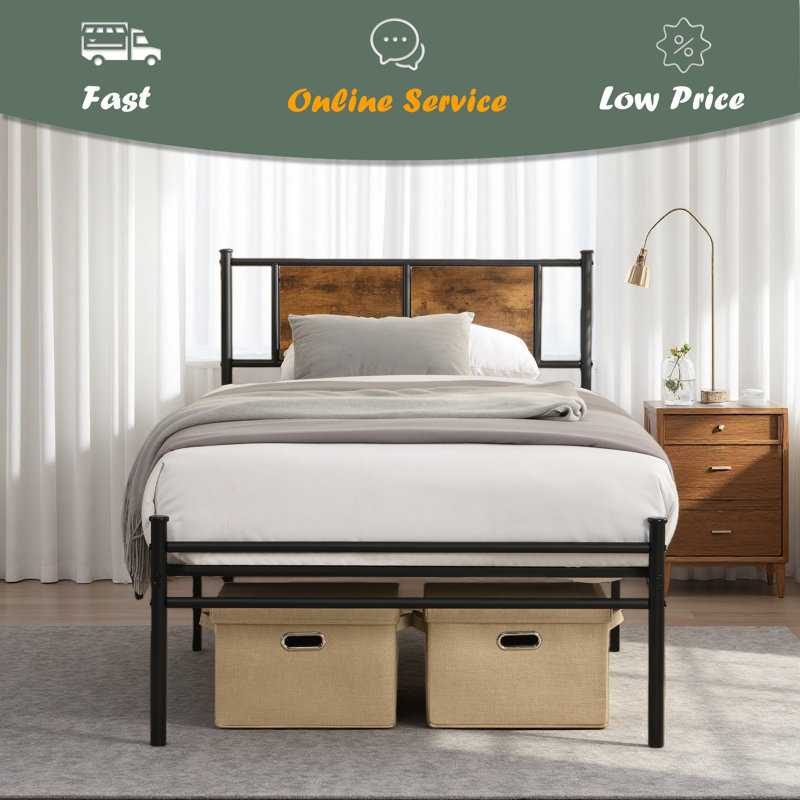 Twin XL Size Metal Bedframe,Headboard With Wood Panel Decoration