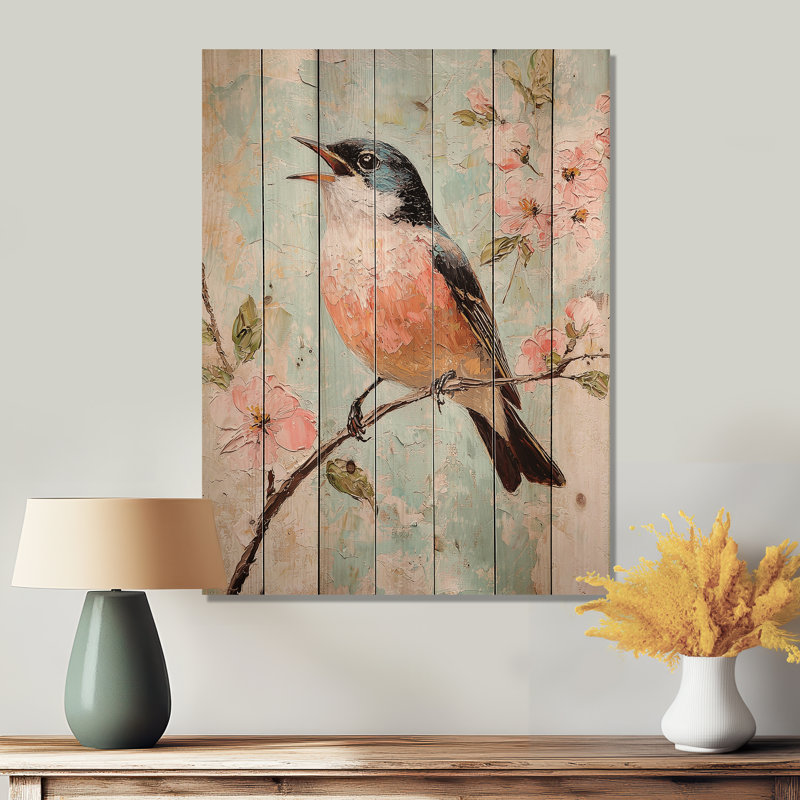Oiseau Robin chantant dans le jardin III - impression moderne en bois rose sur bois de pin naturel, H 32 po x l 24 po