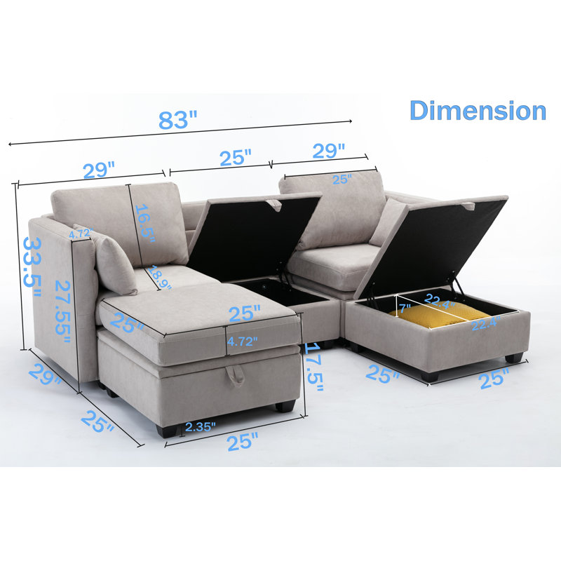 Dilen 5 - Piece Upholstered Sofa Modular Storage Couch & Ottoman, Light Gray Polyester