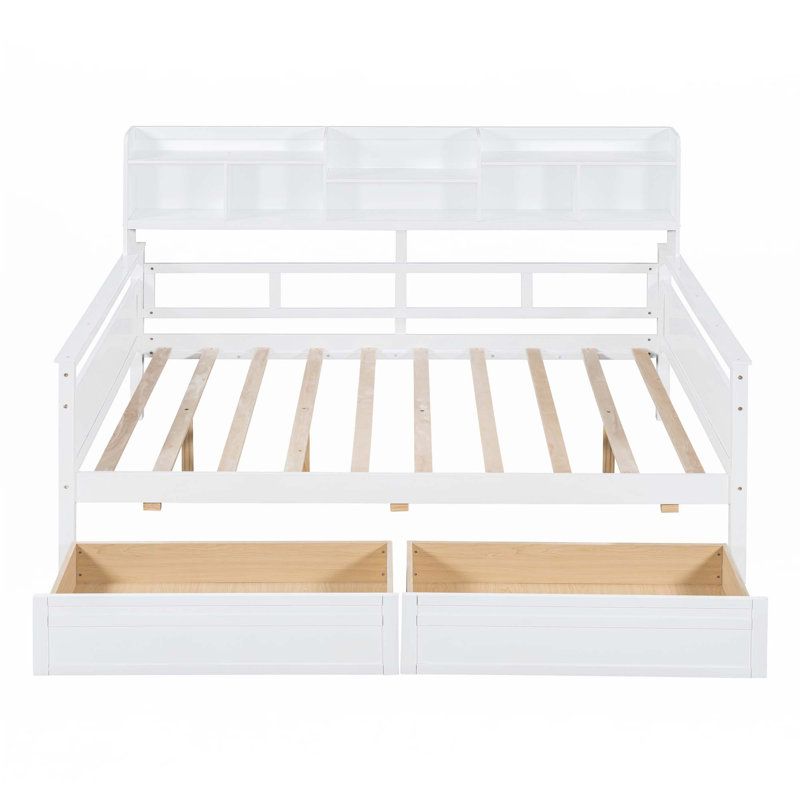 Lit de jour, support en lattes de bois, avec tablettes de chevet et deux tiroirs, Complet/Double, Blanc