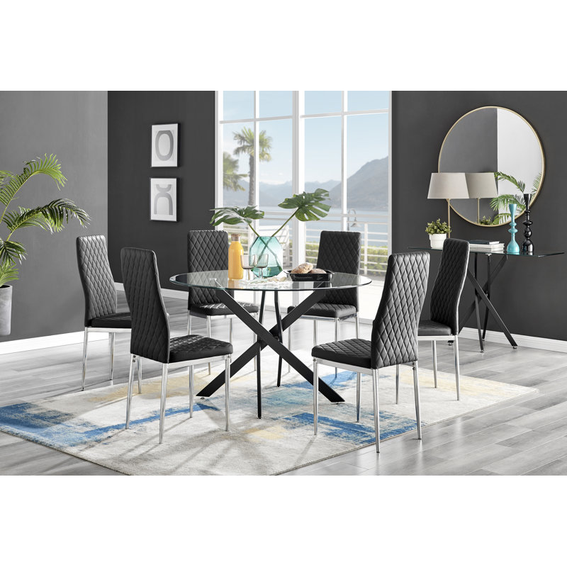Tierra Sleek Metal and Glass 6 Seat Round Dining Table Set with 6 Luxury Faux Leather Dining Chairs, Black